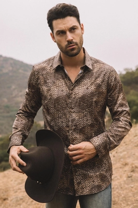 Mens Modern Fit Stretch Foil Fashion Brown Shirt Casual Vibe Modern Look