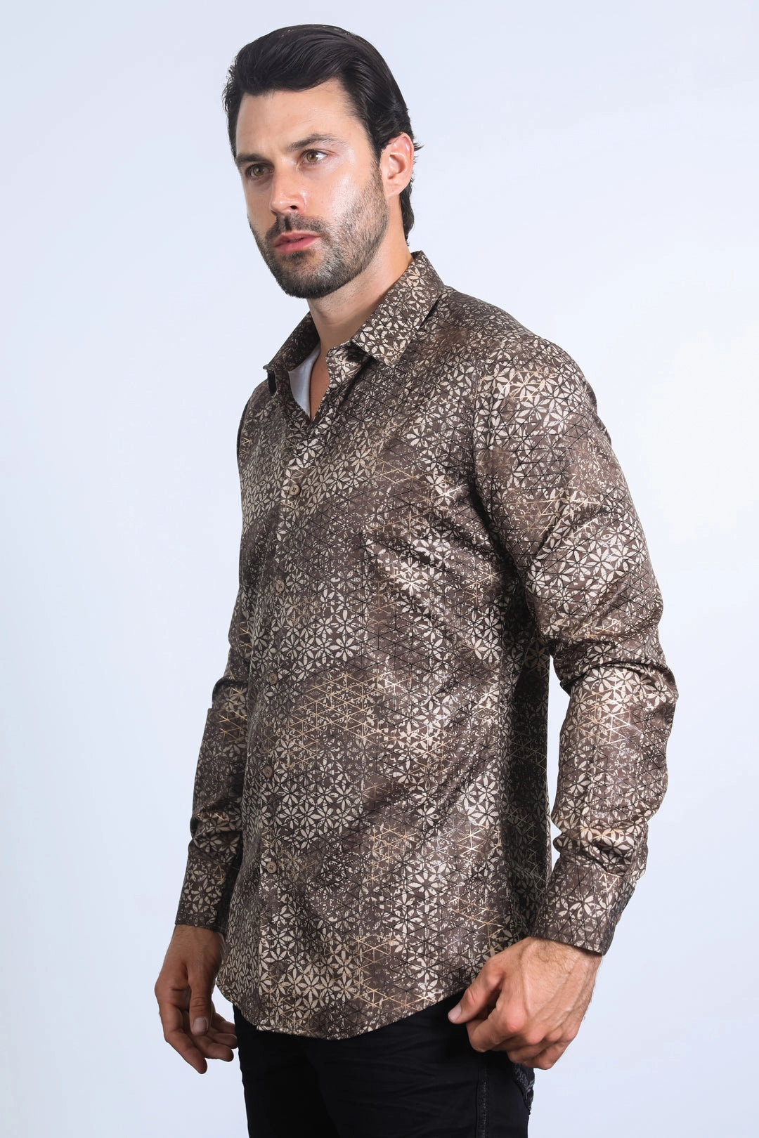 Mens Modern Fit Stretch Foil Fashion Brown Shirt Timeless elegance