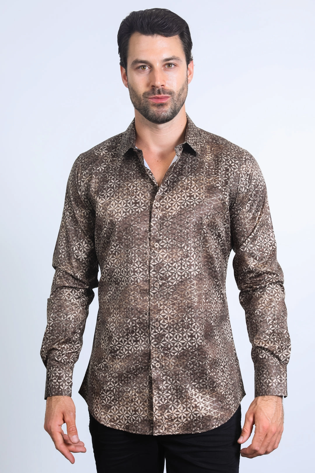 Mens Modern Fit Stretch Foil Fashion Brown Shirt Friends Meetup Polished Style