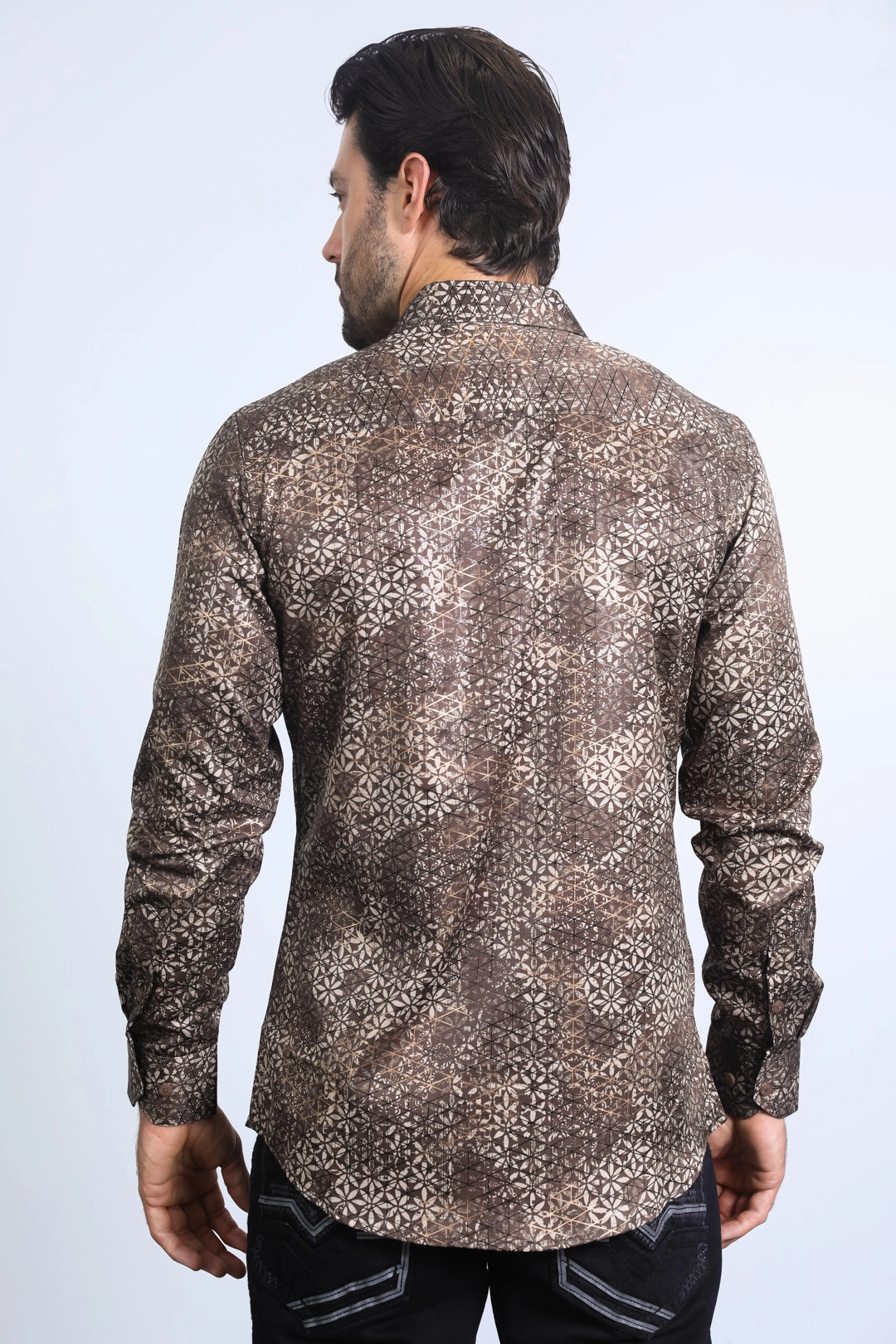 Mens Modern Fit Stretch Foil Fashion Brown Shirt Ultra Soft Interior