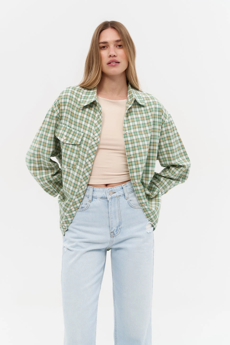 Seamless Side Panels NEW Green Relaxed Fit Check Cotton Shirt