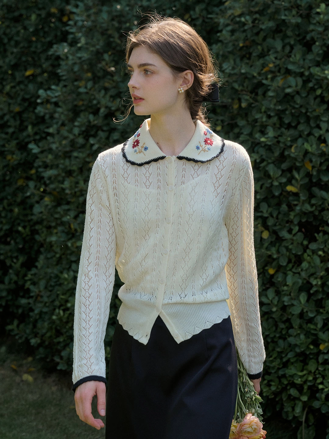 NonIrritating Shay Peter Pan Collar Embroidered Contrast Cutout Cardigan-Apricot