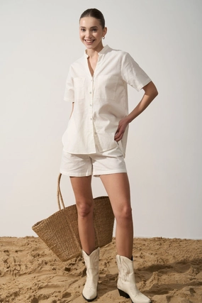 White Linen Blend Shorts Comfortable Movement