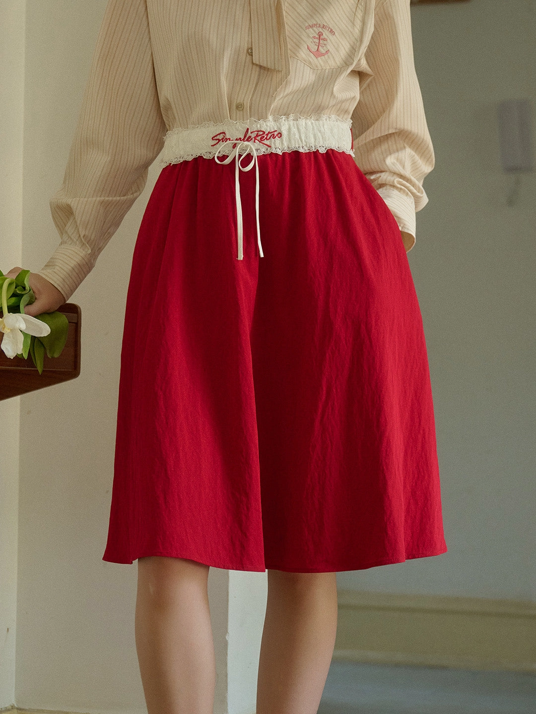 Cielo SR Logo Embroidered Contrast Lace Belt Red Skirt Layered Style