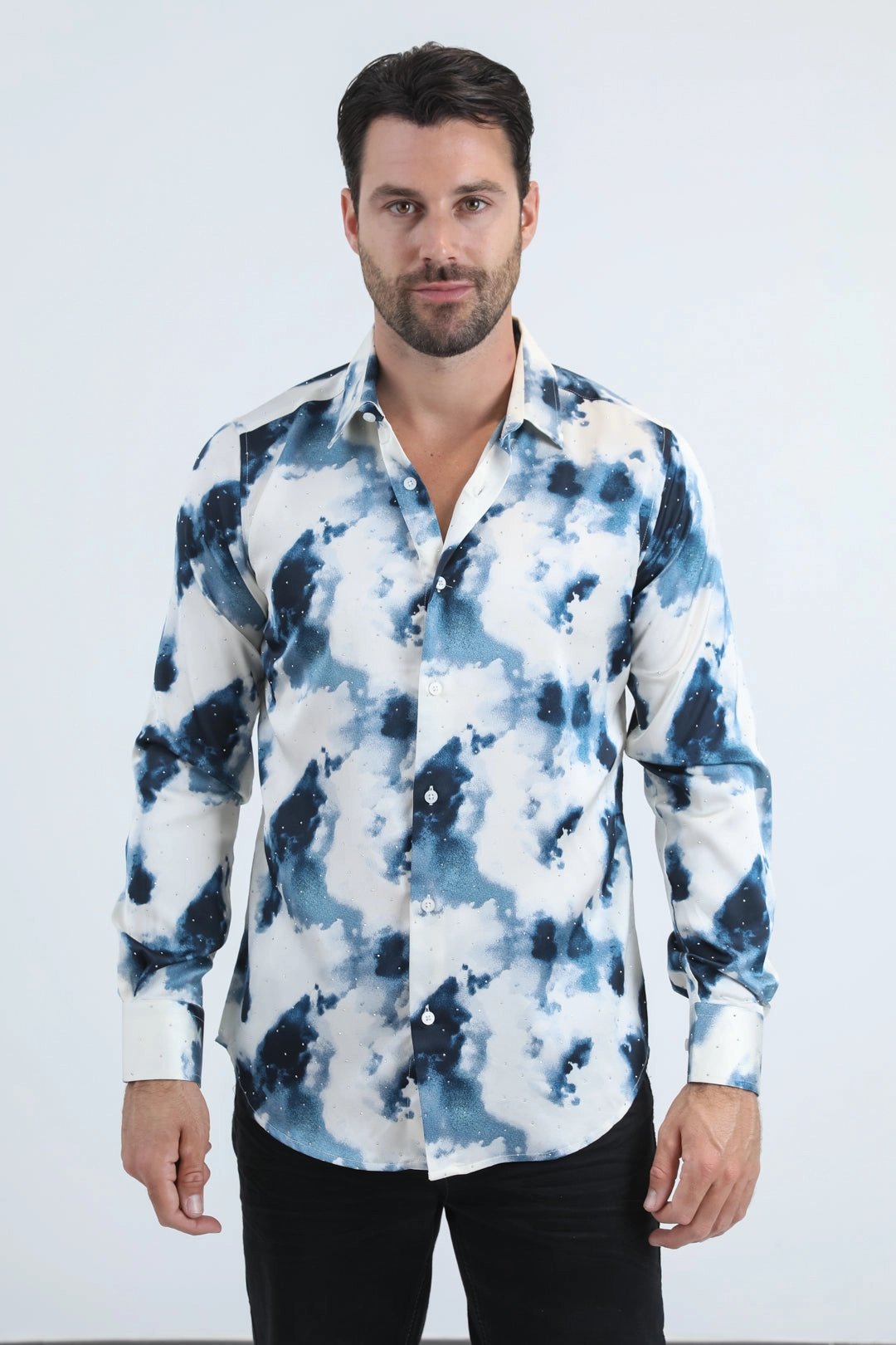 Mens Jacquard Fabric Print Modern Fit Long Sleeve Grey Shirt Laser Cut Edge Detail Layered Sleeve Cuffs