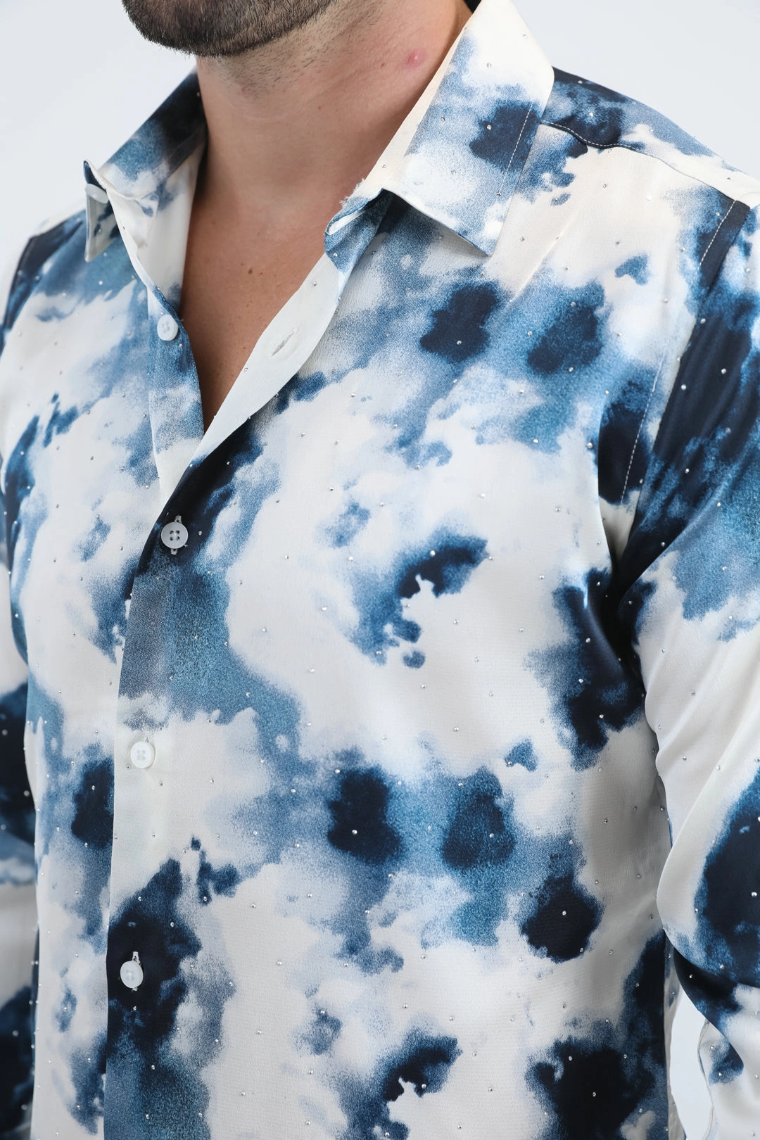 Flex Fit Collar Tailored Cut Mens Jacquard Fabric Print Modern Fit Long Sleeve Grey Shirt