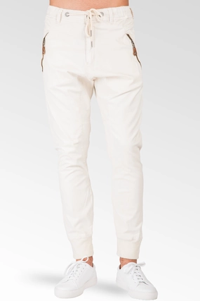 Relaxed Ecru Premium Stretch Twill Drop Crotch Jogger Jeans Zipper Pocket Organic Ease