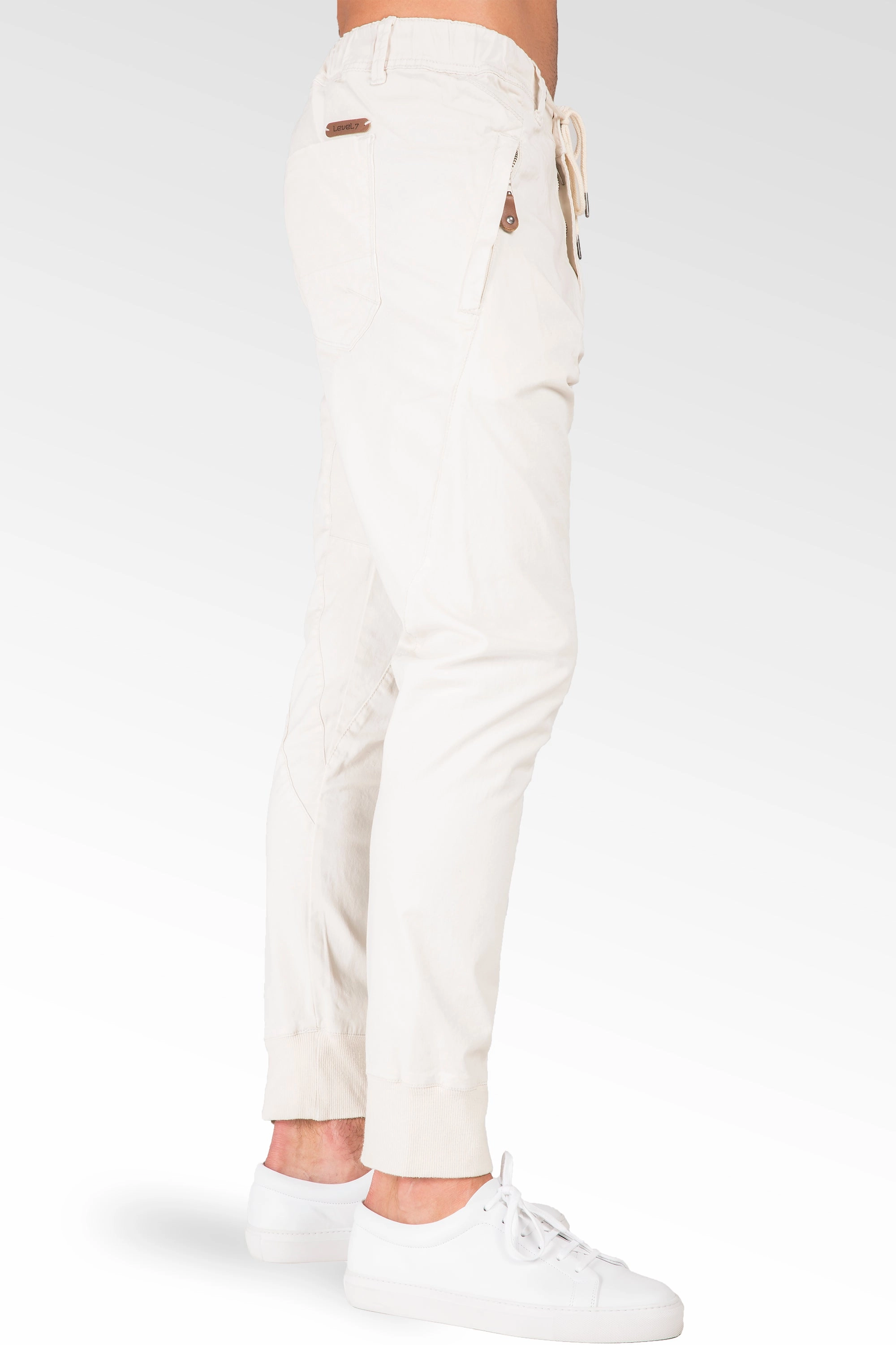 Relaxed Ecru Premium Stretch Twill Drop Crotch Jogger Jeans Zipper Pocket AntiStaticLining Comfortable Outerwear