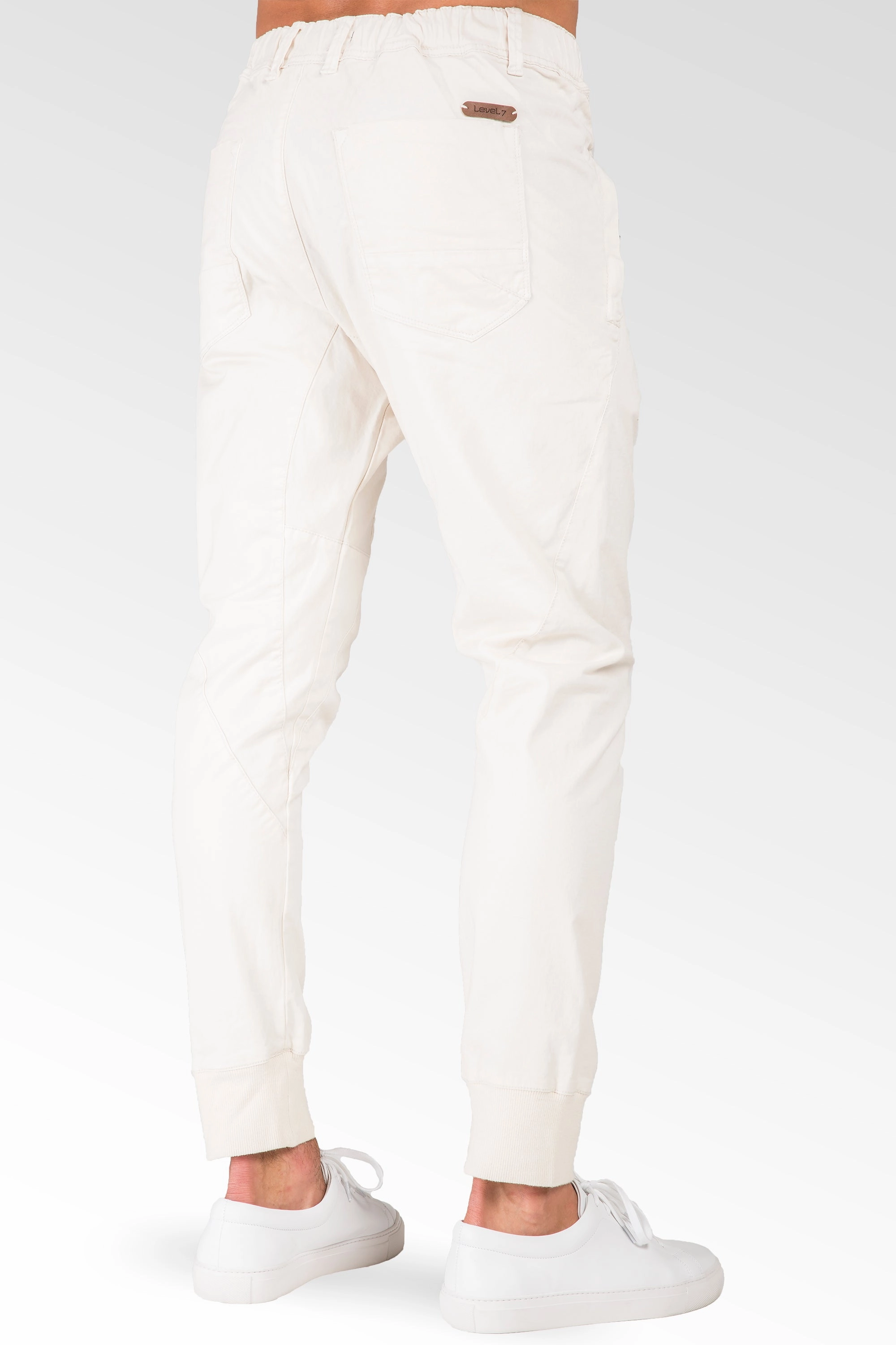 Relaxed Ecru Premium Stretch Twill Drop Crotch Jogger Jeans Zipper Pocket Sky Cool