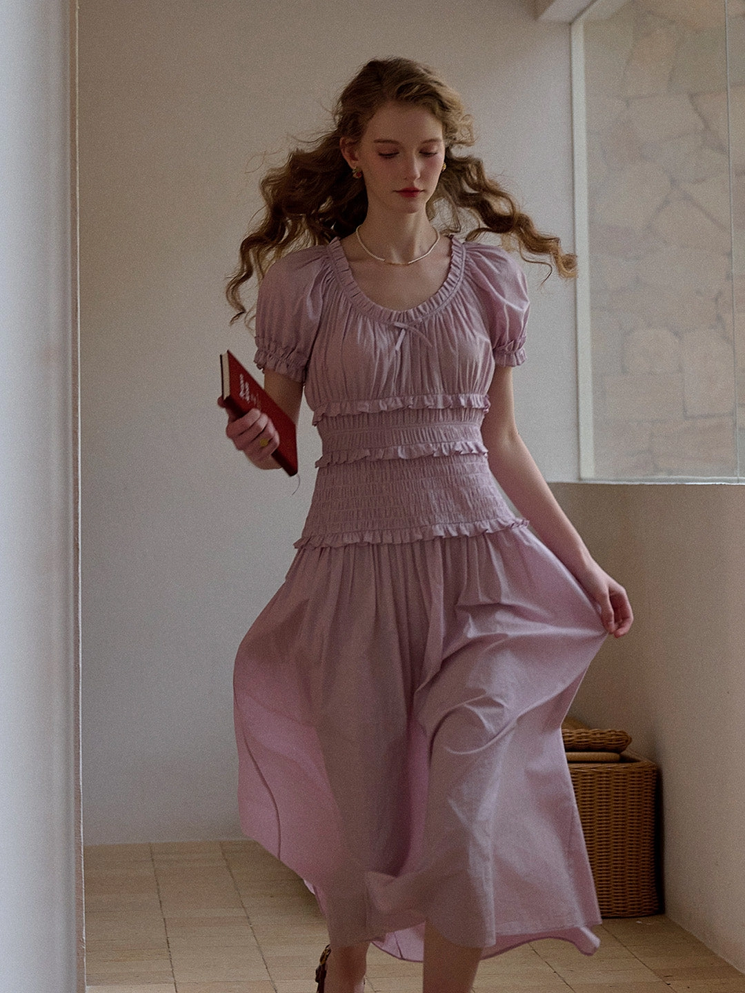 Elowen Round Neck Pleated 100% Cotton Dress Morning Walk OdorResistantFabric