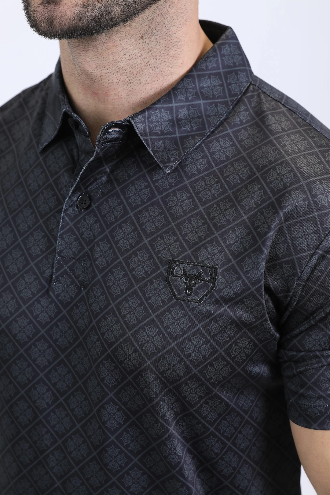 Mens Performance Fabric Modern Fit Stretch Aztec Print Black Polo Lightweight Wear