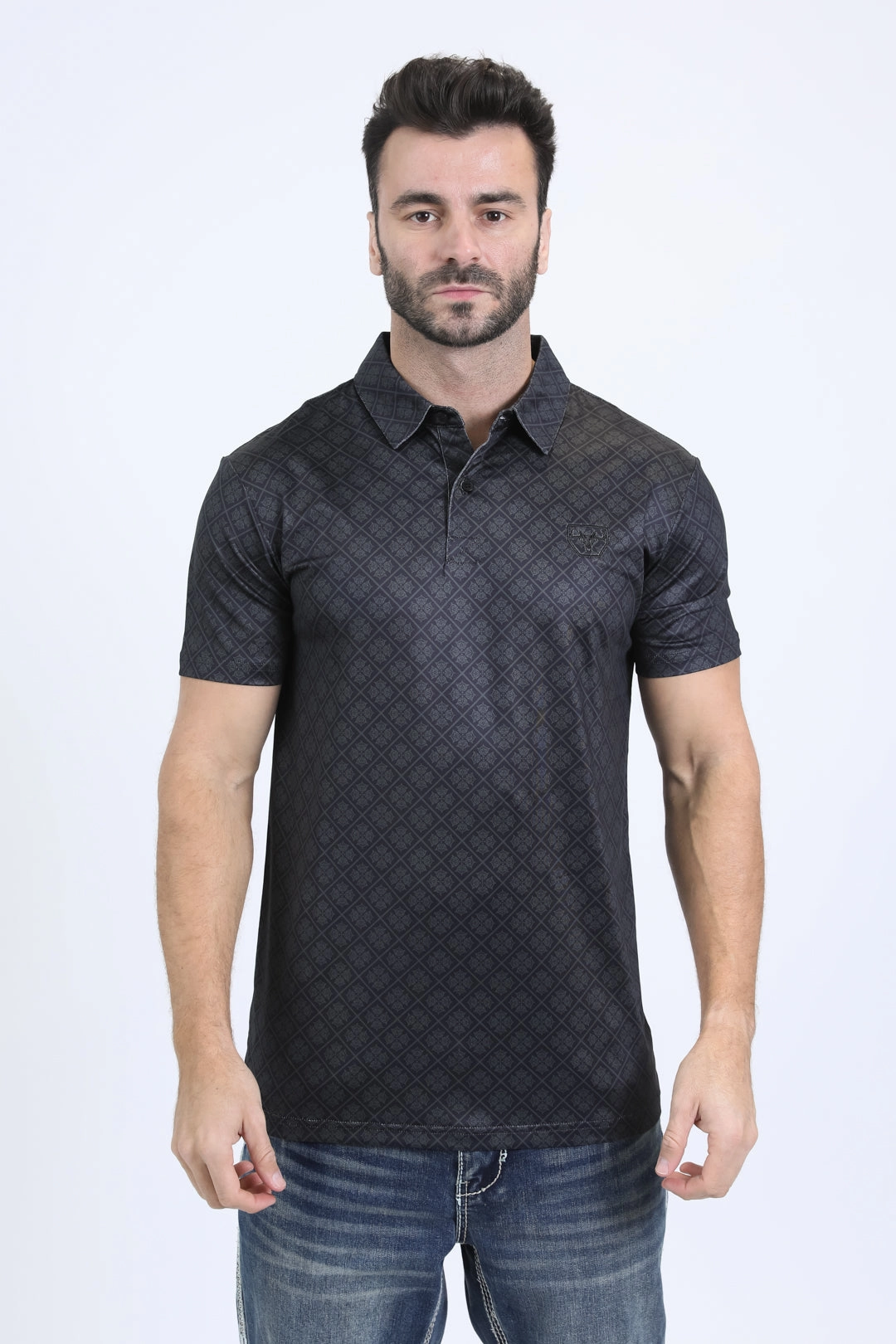 Everyday Layers Trendy Look Mens Performance Fabric Modern Fit Stretch Aztec Print Black Polo