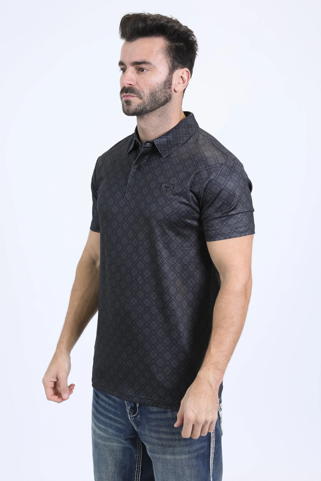 Mens Performance Fabric Modern Fit Stretch Aztec Print Black Polo Elegant Look