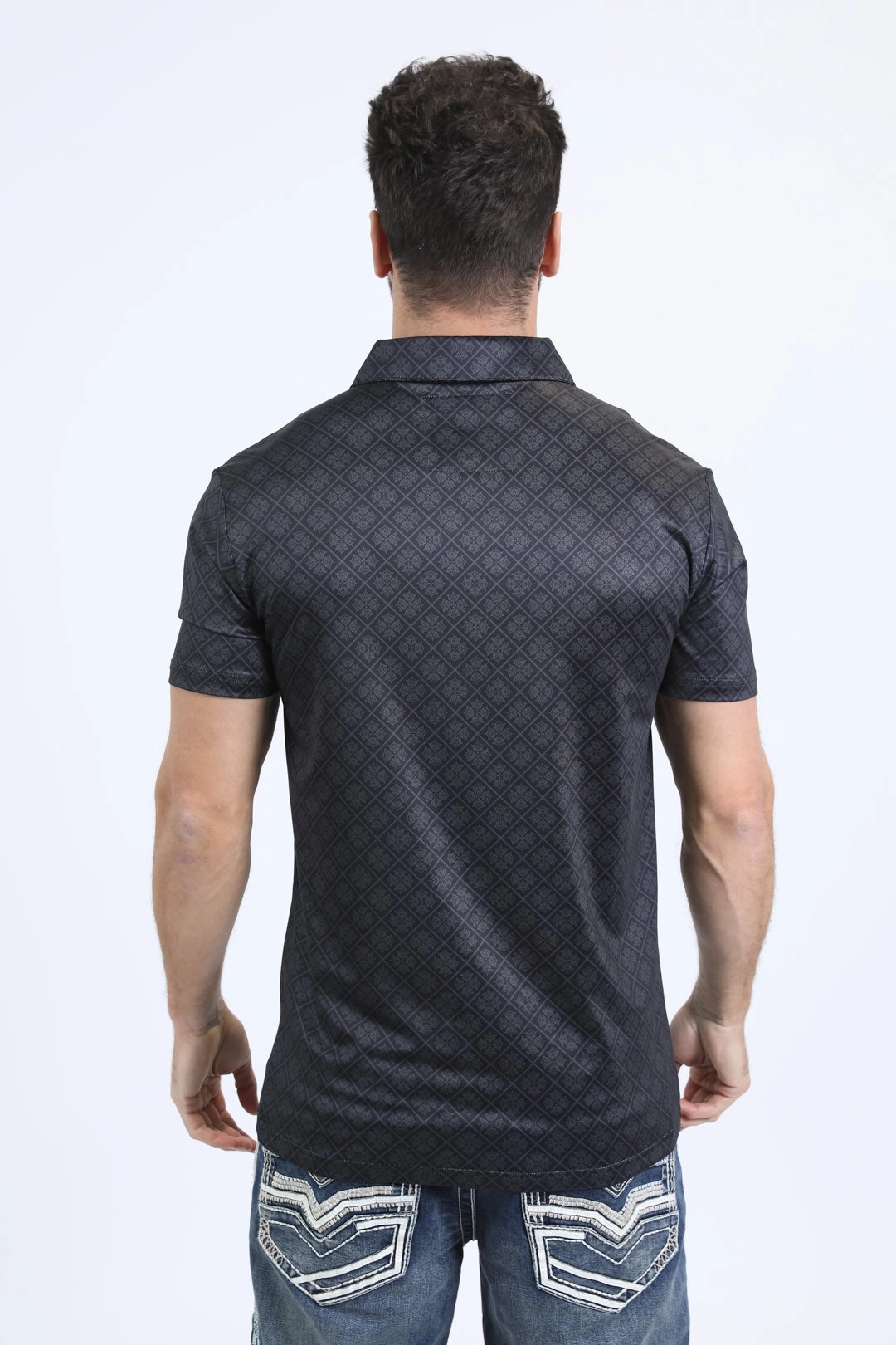 Mens Performance Fabric Modern Fit Stretch Aztec Print Black Polo Everyday Design