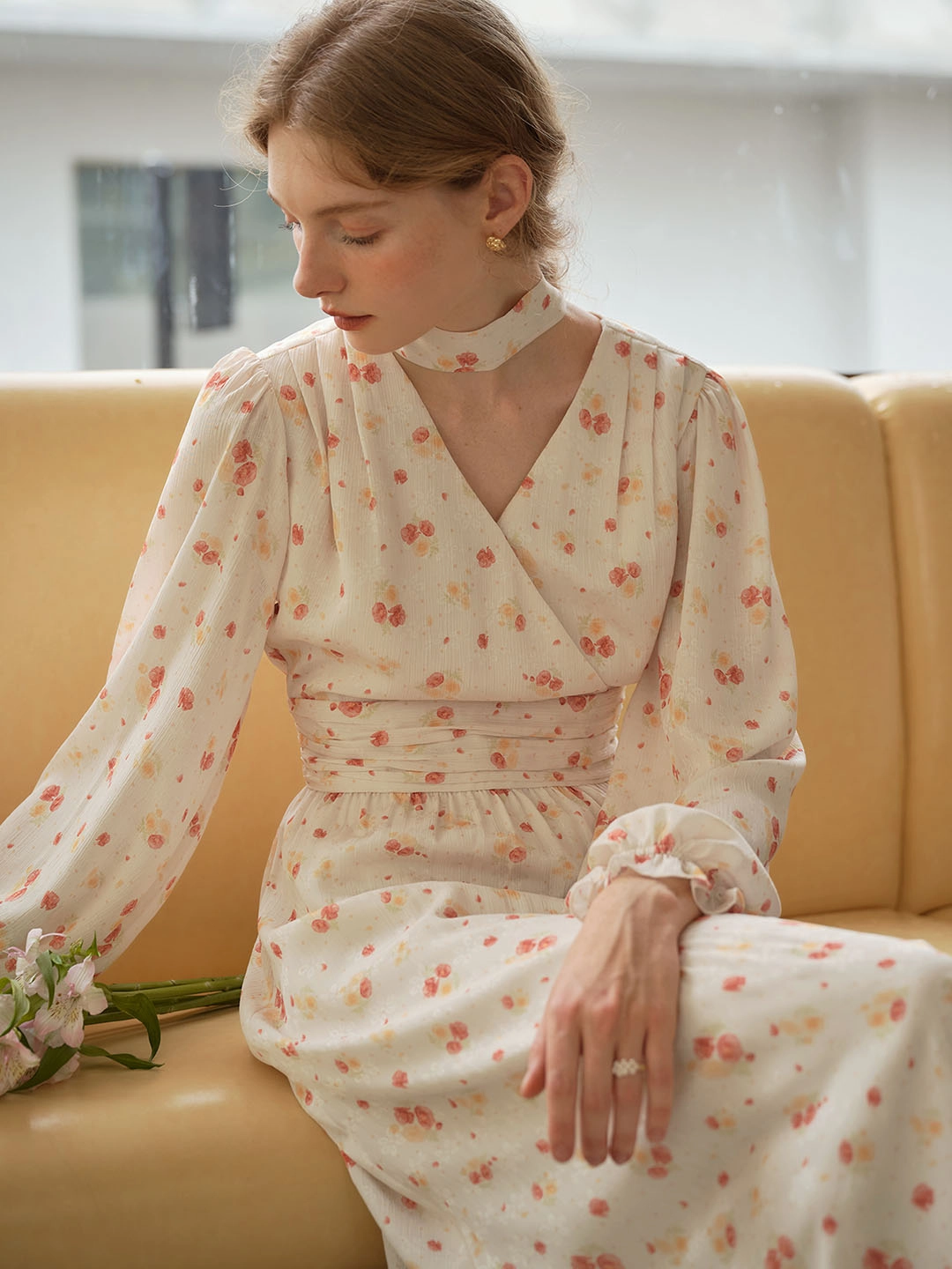 Nyomi Sweet V Neck Floral Print Lace Sleeve Dress Elite Core