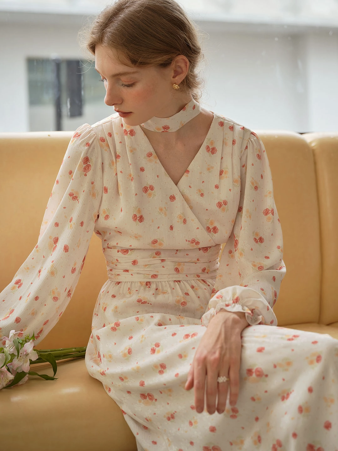 Nyomi Sweet V Neck Floral Print Lace Sleeve Dress Leather Core Cold Weather