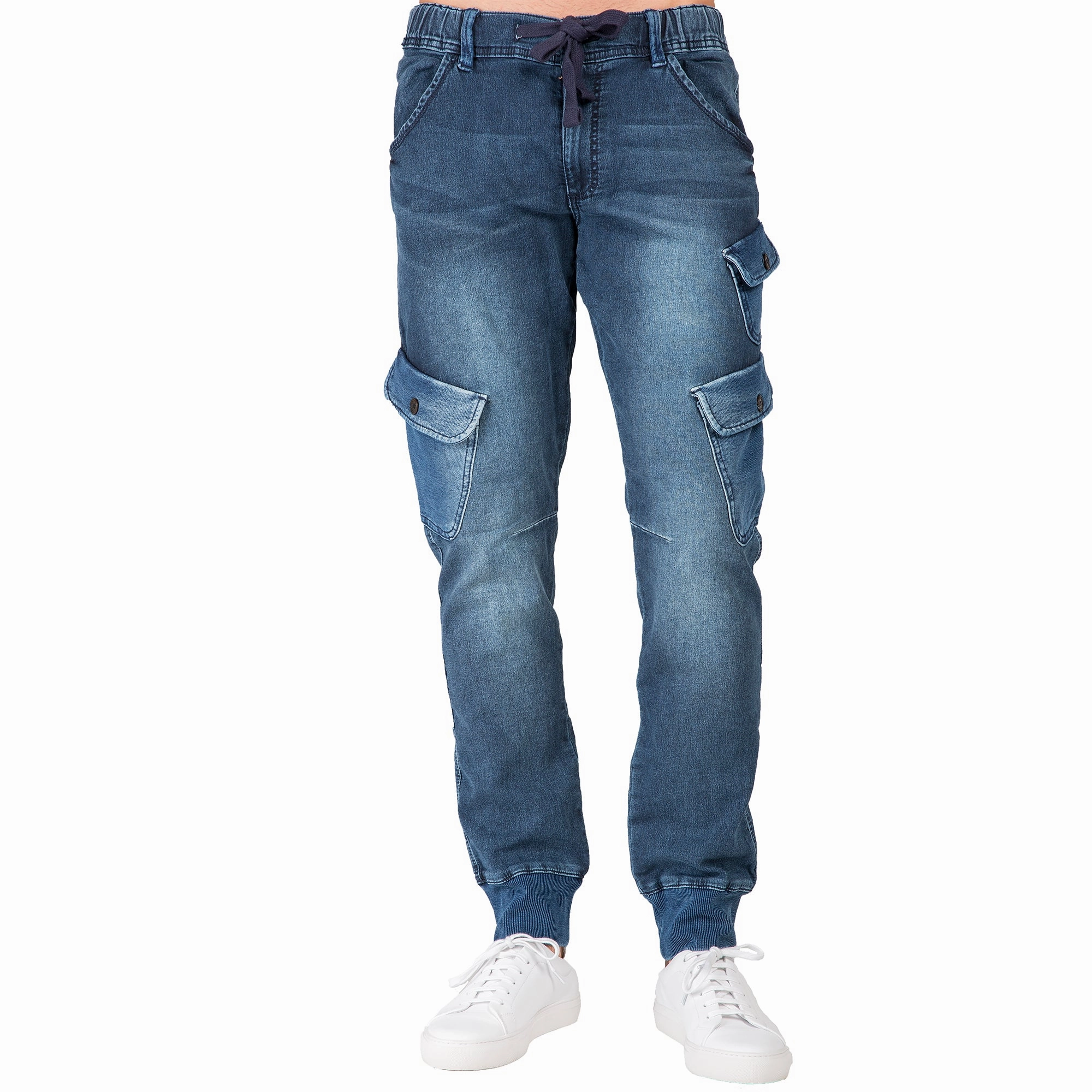 Run Ready StainReleaseCoating Ocean Blue Washed Premium Knit Denim Cargo Jogger Jeans Angled Side Cargo Pockets