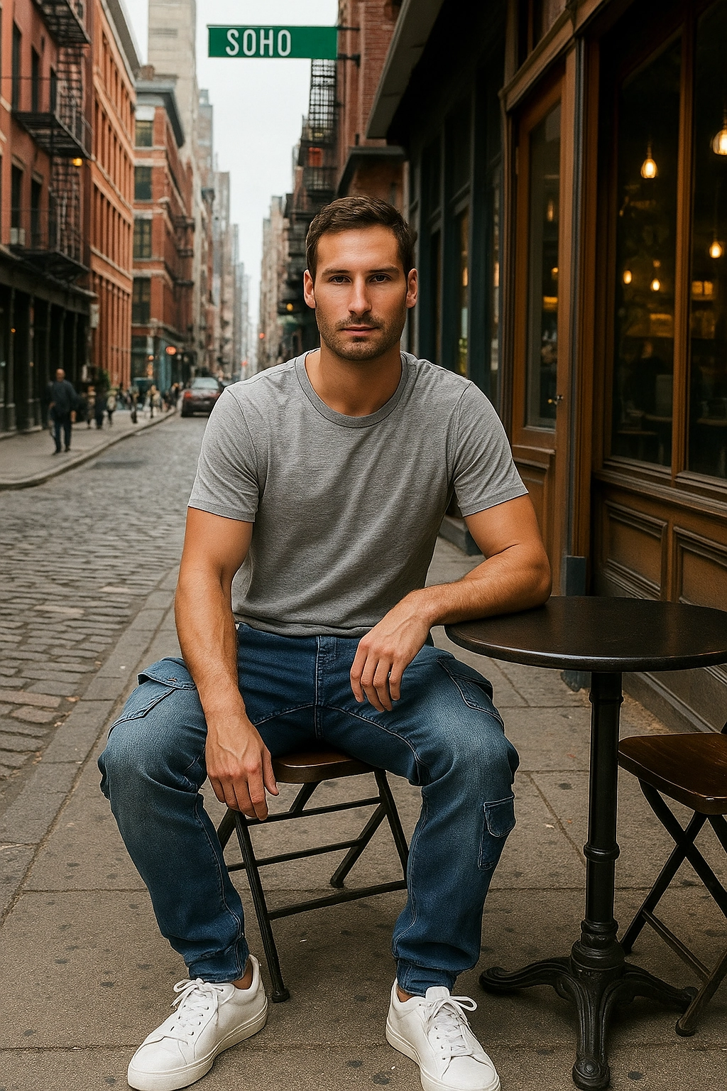 Cozy Jacket DurableSeams Ocean Blue Washed Premium Knit Denim Cargo Jogger Jeans Angled Side Cargo Pockets