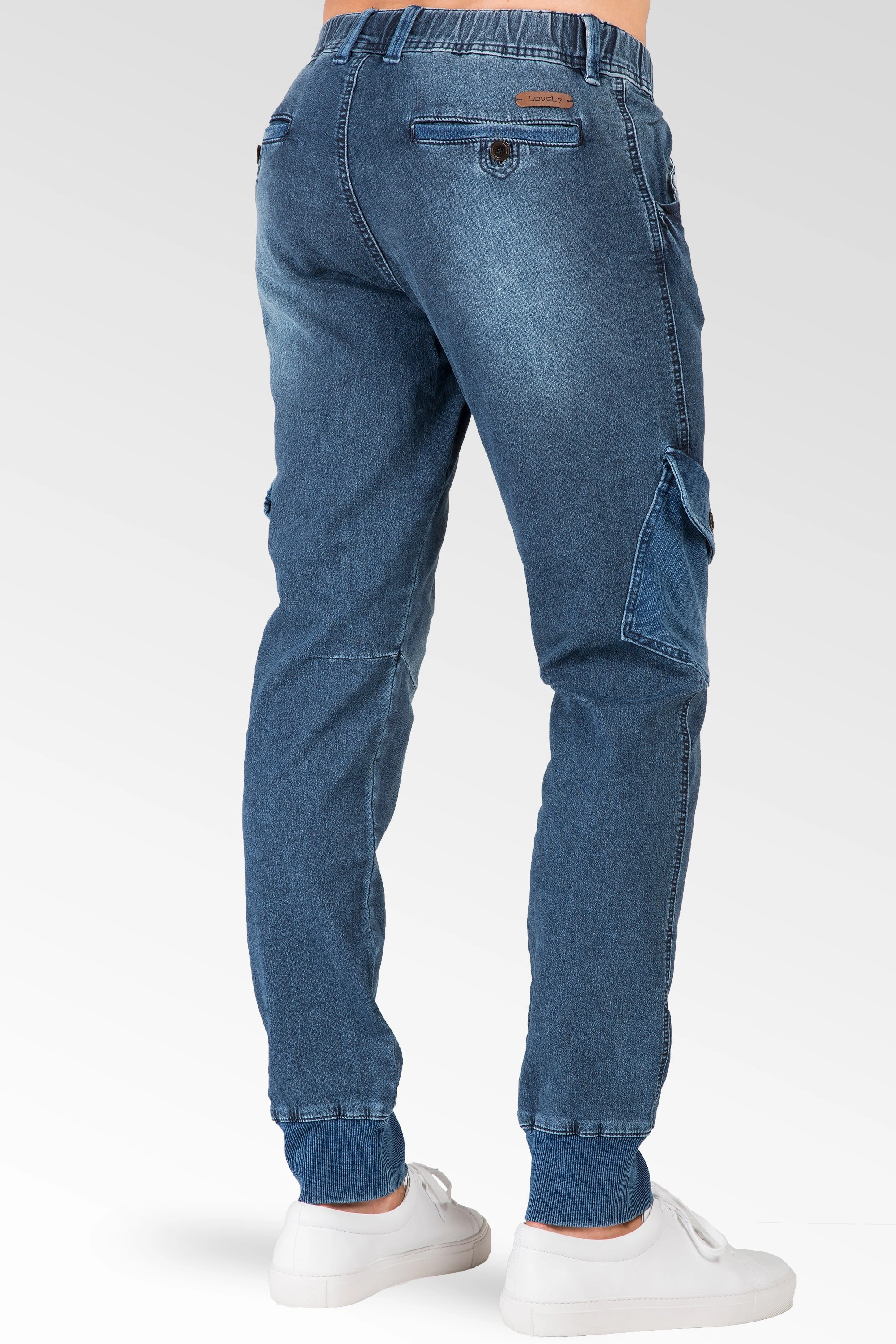 Ocean Blue Washed Premium Knit Denim Cargo Jogger Jeans Angled Side Cargo Pockets SeamlessPockets