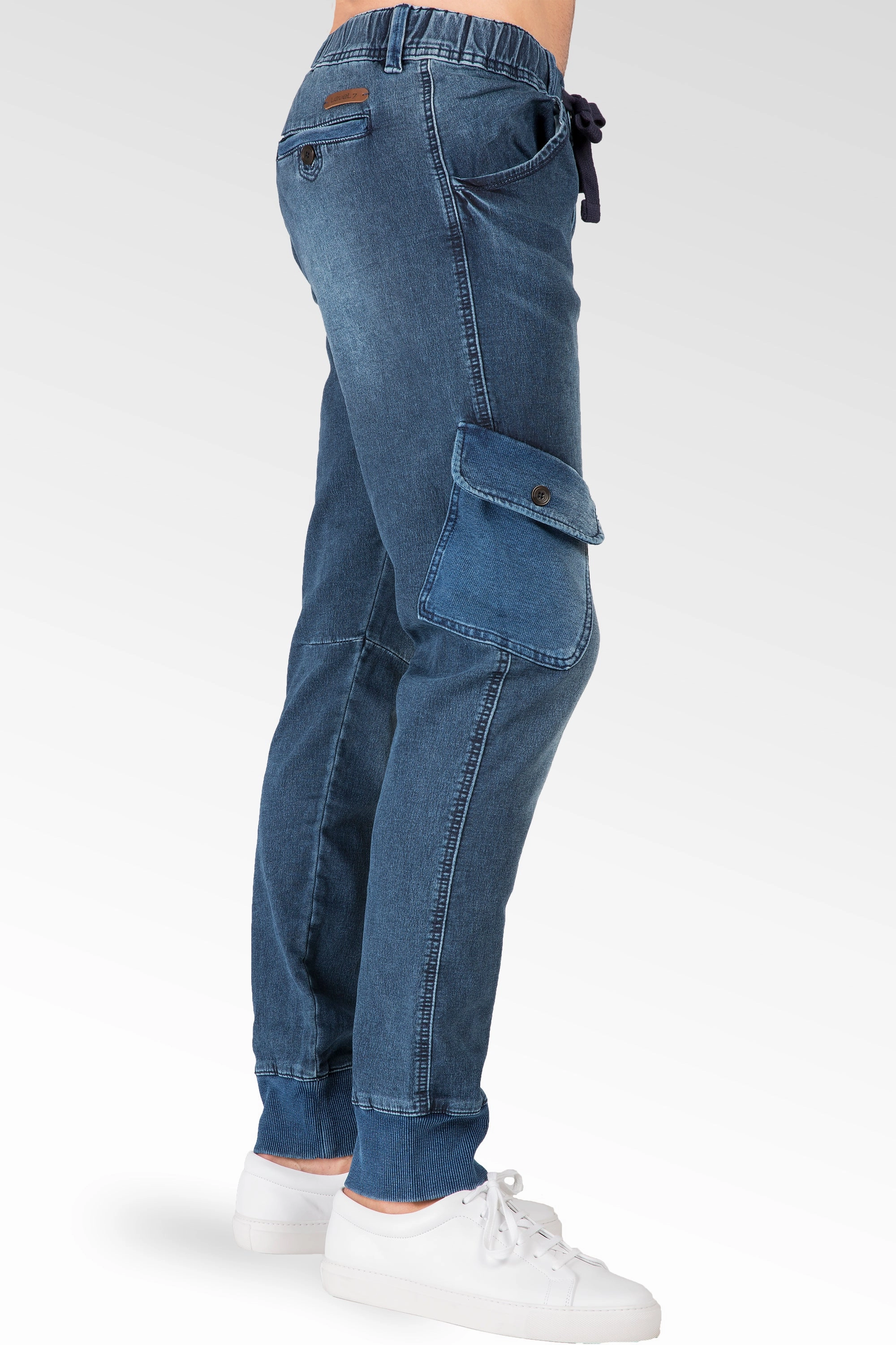 Soul Ease Ocean Blue Washed Premium Knit Denim Cargo Jogger Jeans Angled Side Cargo Pockets