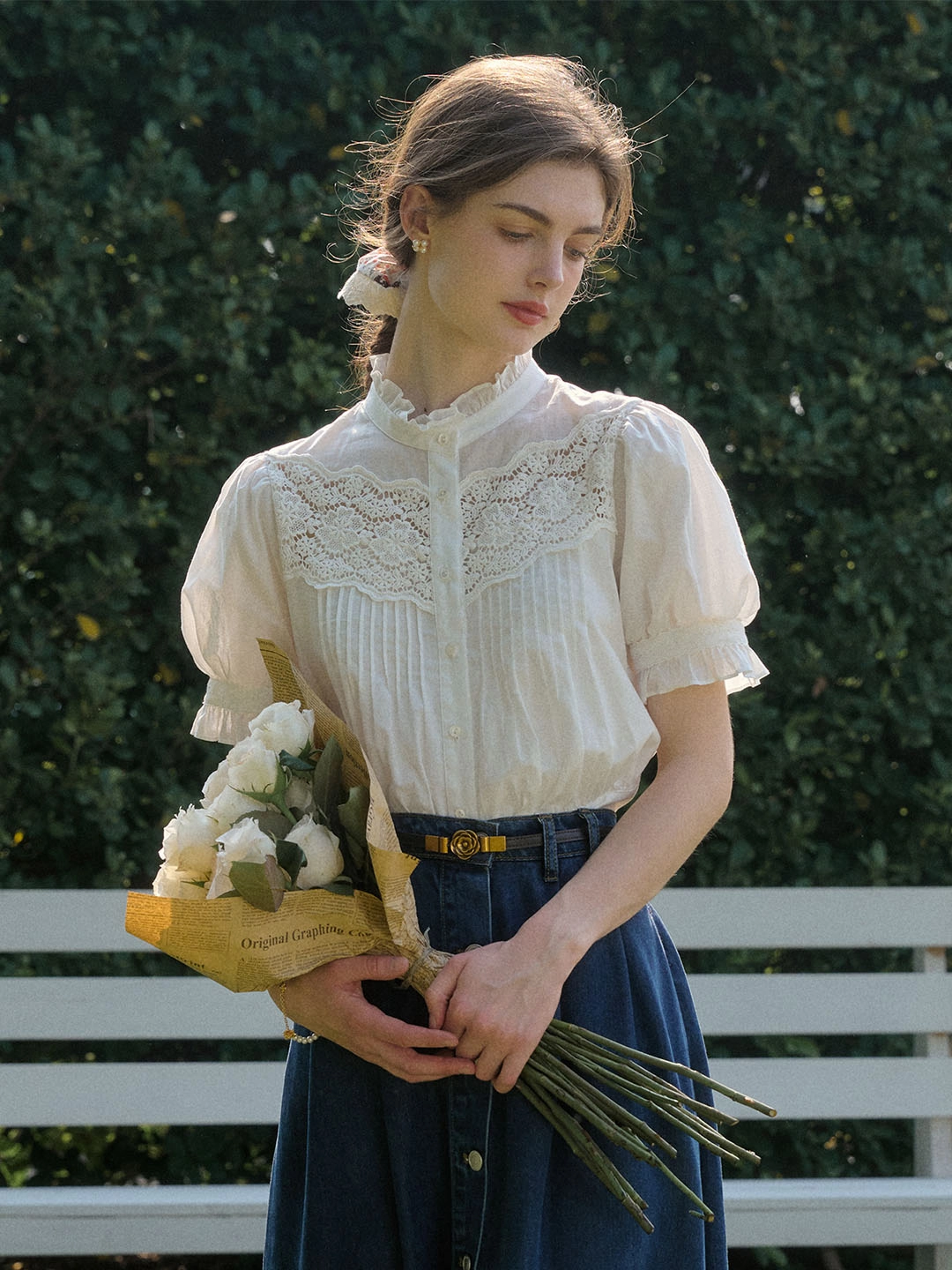 Octavia Mock Neck Hollow Lace Patchwork Puff Sleeve Blouse Flash Core