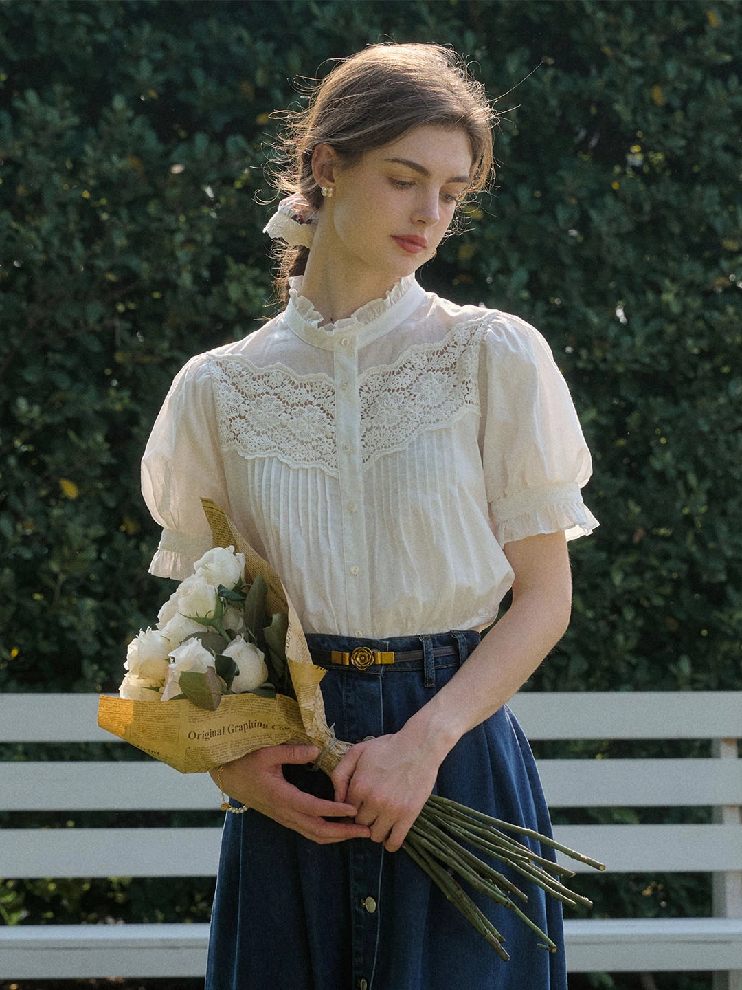 Octavia Mock Neck Hollow Lace Patchwork Puff Sleeve Blouse Love Core