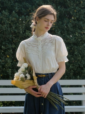 Octavia Mock Neck Hollow Lace Patchwork Puff Sleeve Blouse Love Core