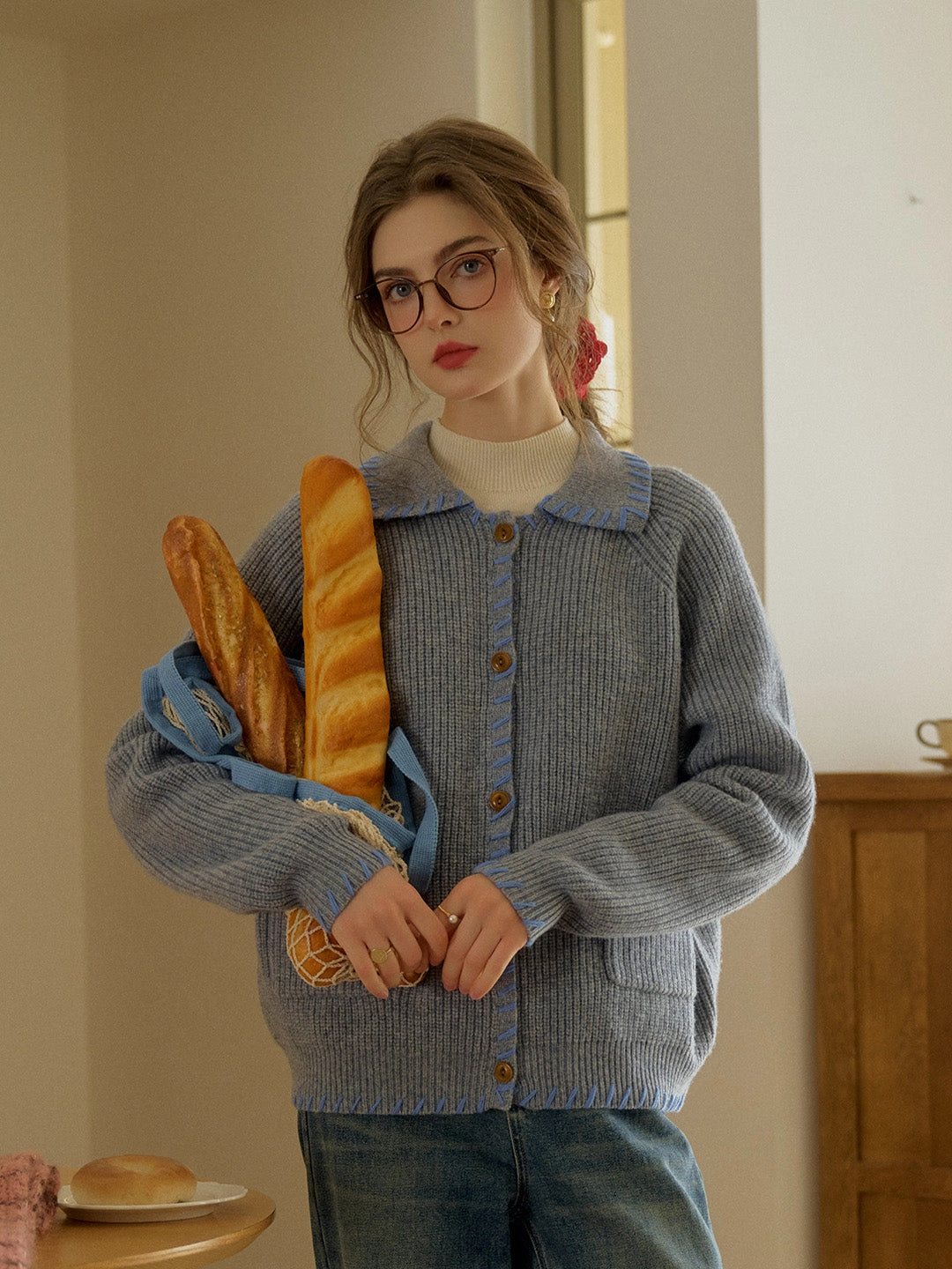 New Day Versatile Scarf Kahlani Peter Pan Collar Contrasting Embroidered Pocket 100% Wool Cardigan - White