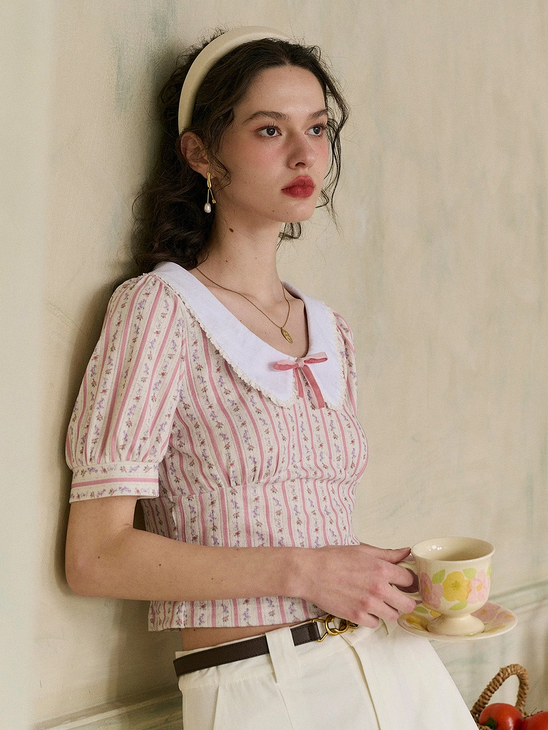 QuickDry Construction ??Final Sale??Madalyn Doll Collar Floral Bow Stripe Puff Sleeves Fit Top