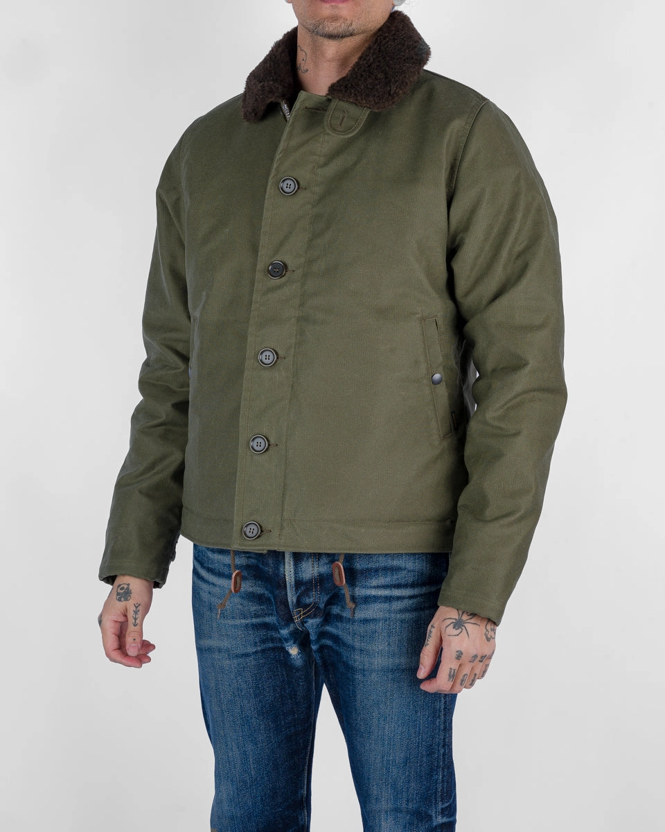 Oiled Whipcord N1 Deck Jacket - Army Green Foldable Storage Seamless Design