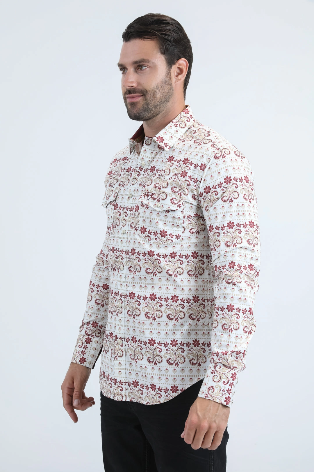 Mens Western Modern Fit Cotton/Spandex Long Sleeve White Shirt with Snaps Recycled Polyester Blend All-Day Wear