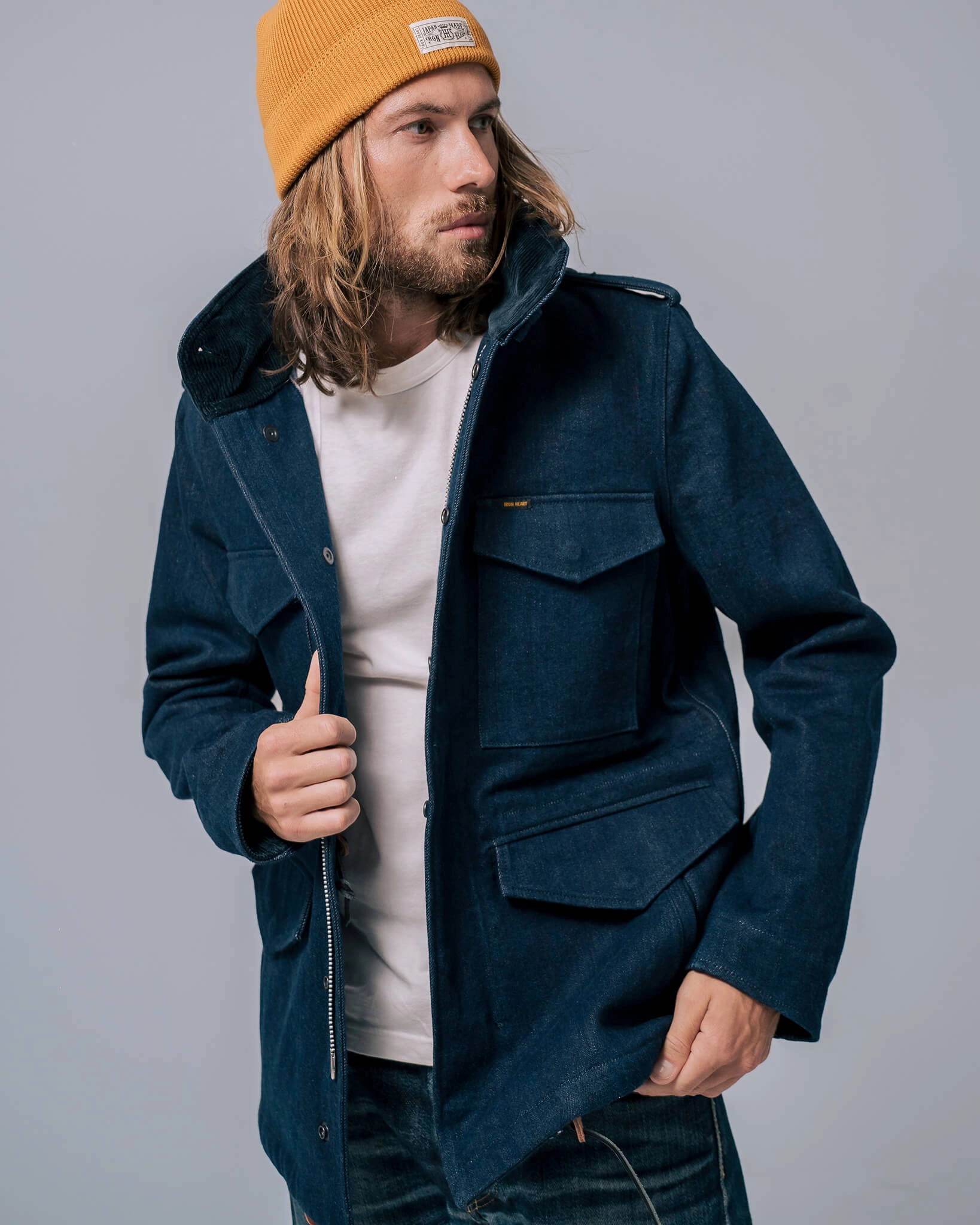 16oz Natural Indigo Selvedge Denim M65 Field Jacket Compact Packability abrasion resistant coating