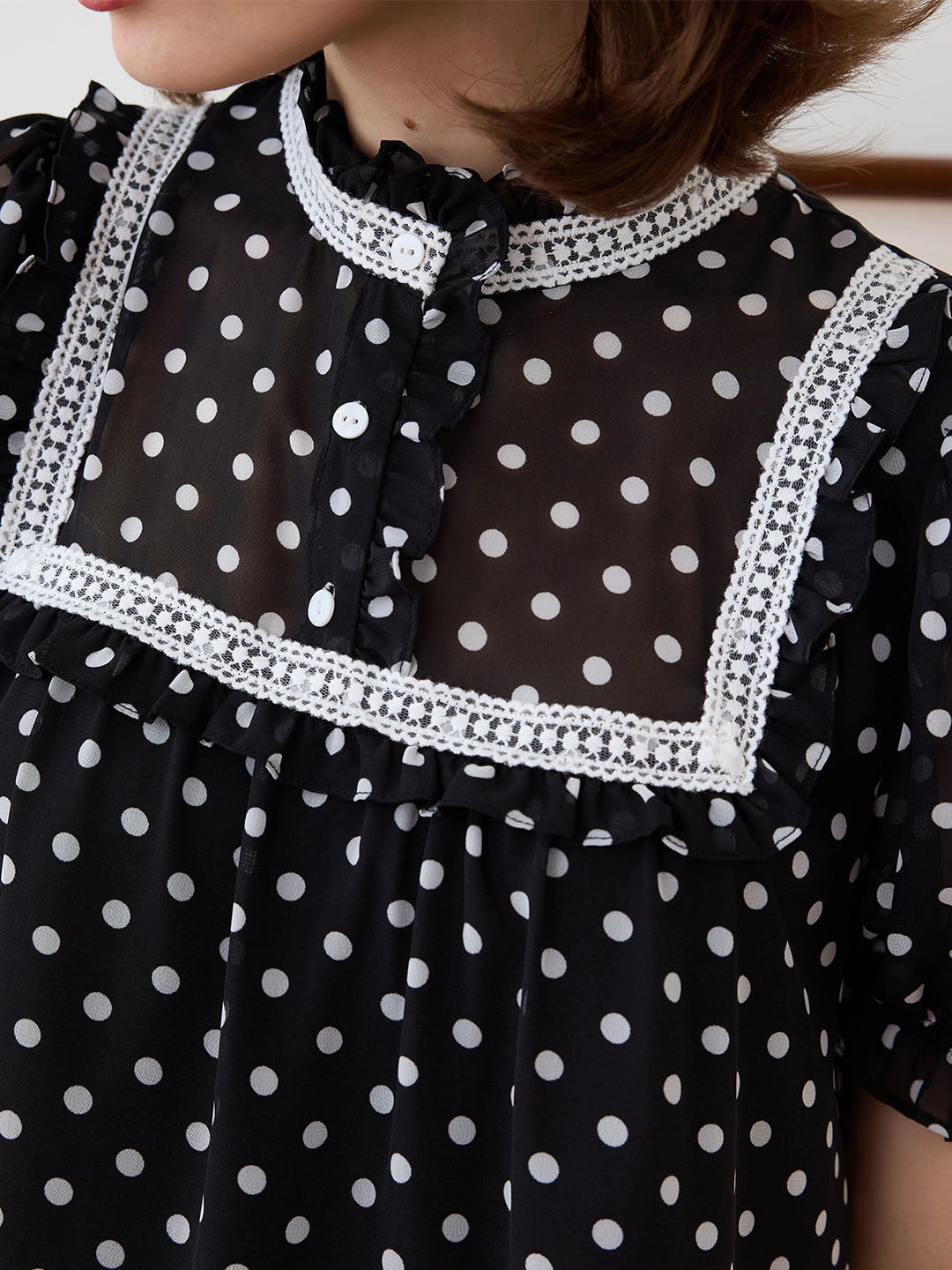 Work Mix HighVisibility Trim ??Final Sale??Natasha Polka Dot Print Mock Neck Puff Sleeve Chiffon Blouse