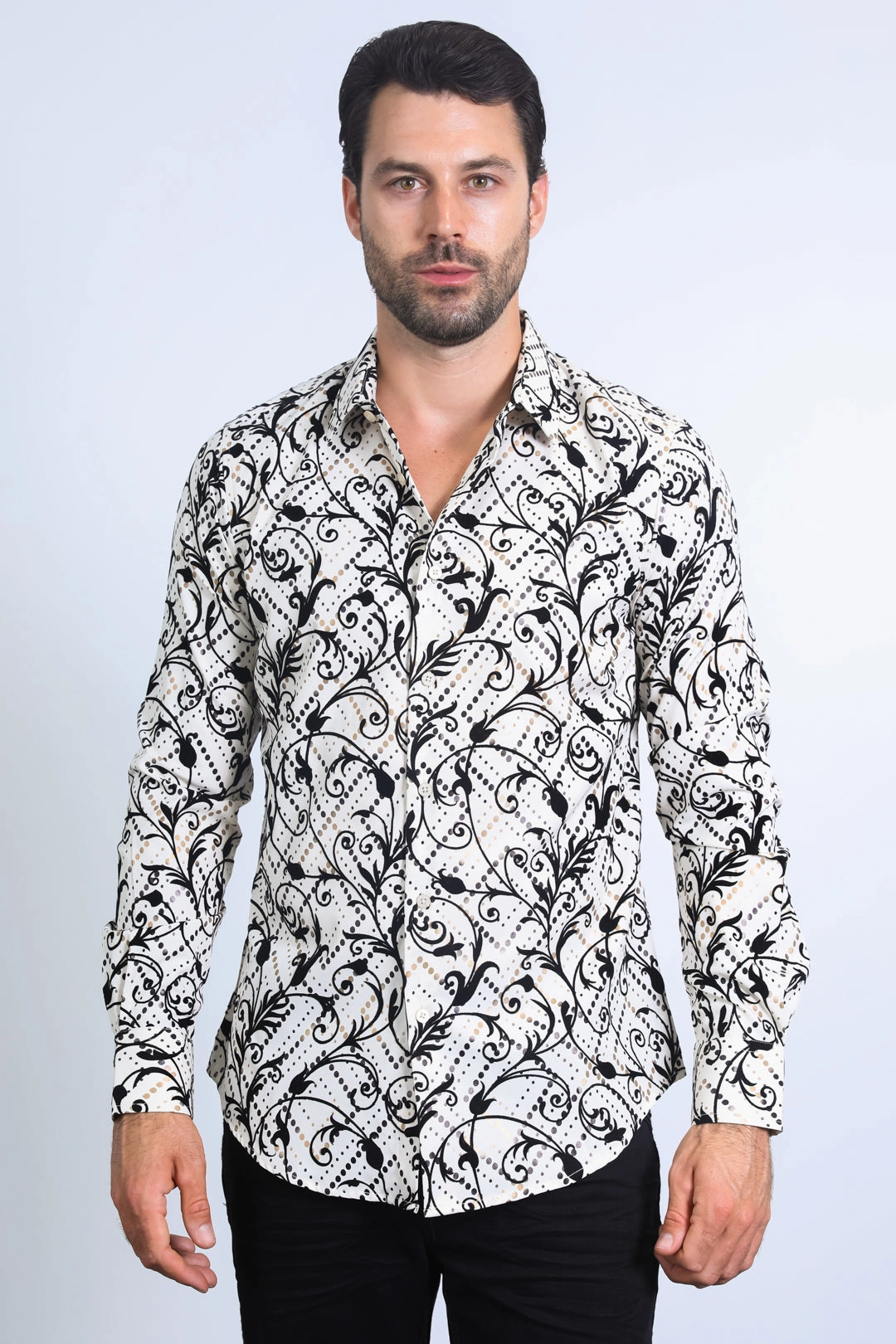 Tailored Fit Bold Prints Men's Floral Flocked Modern Fit Spandex Beige Shirt