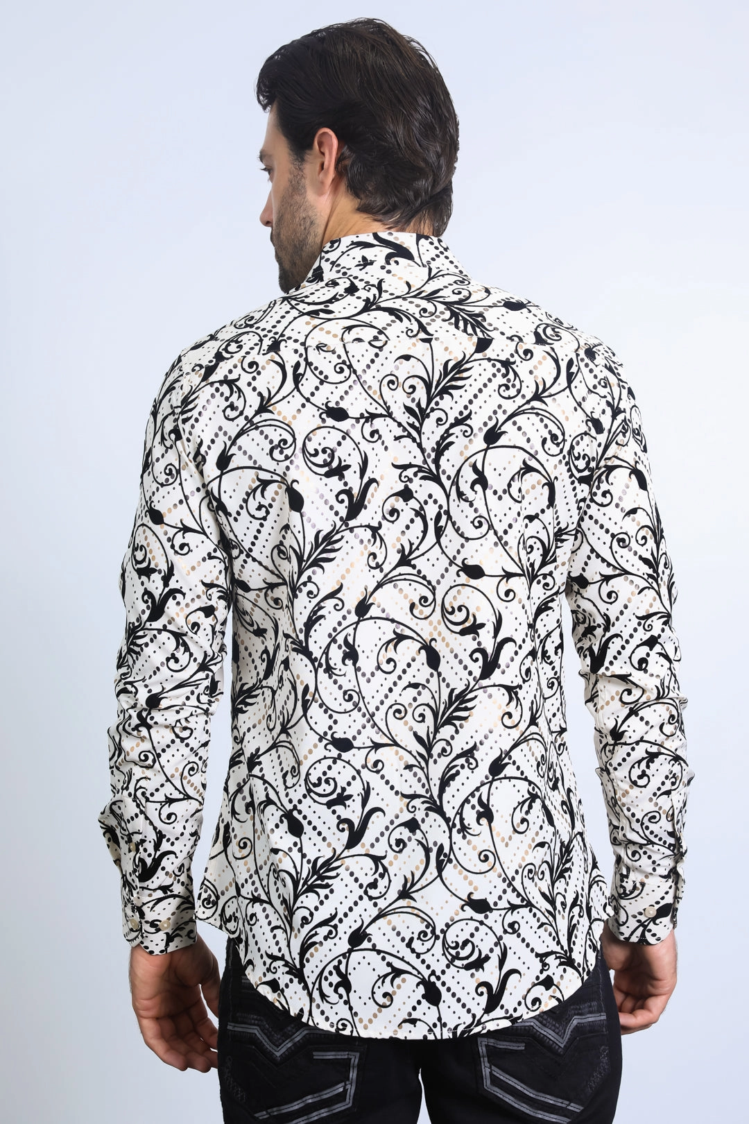 Men's Floral Flocked Modern Fit Spandex Beige Shirt Personalized Touch