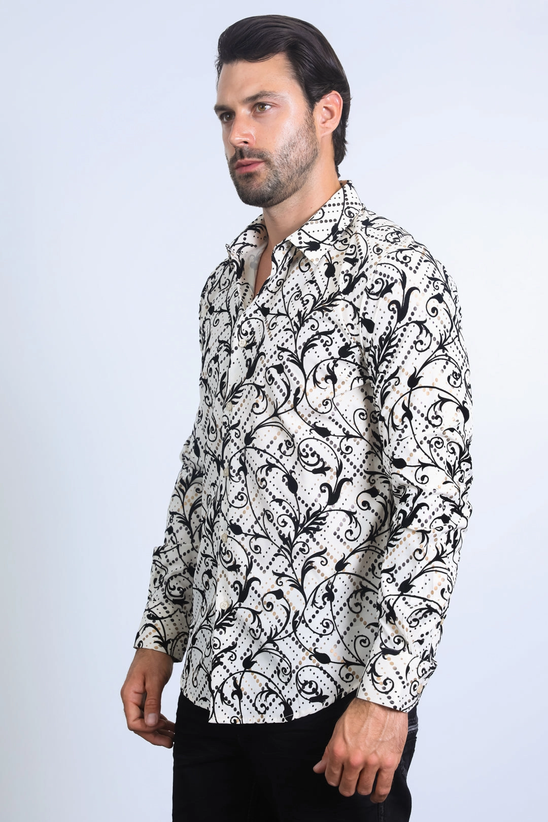 Men's Floral Flocked Modern Fit Spandex Beige Shirt Relaxed Vibe Comfortable Wear