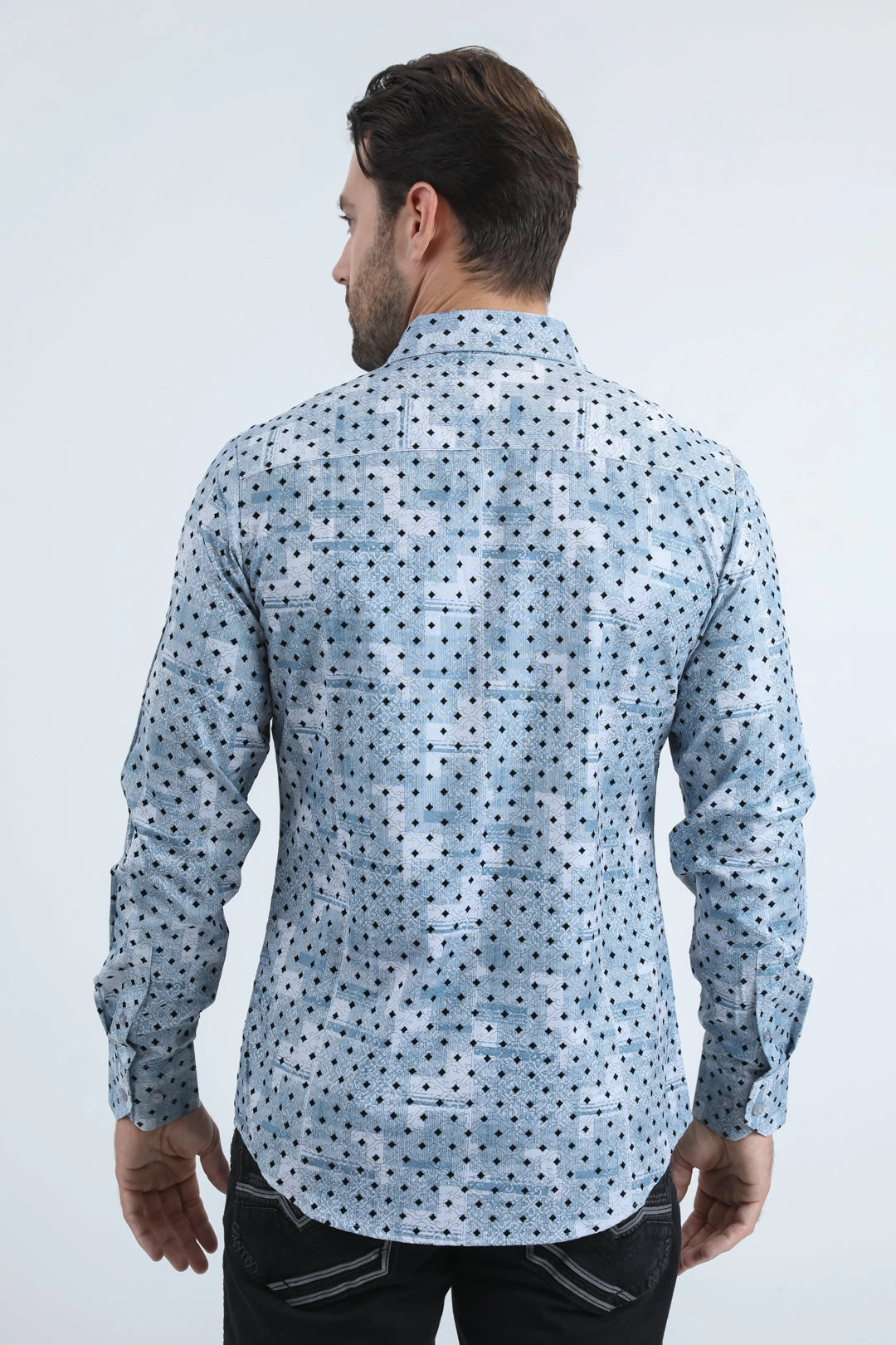 Men's Flocked Modern Fit Spandex Blue Shirt Designer Look Bold Pattern