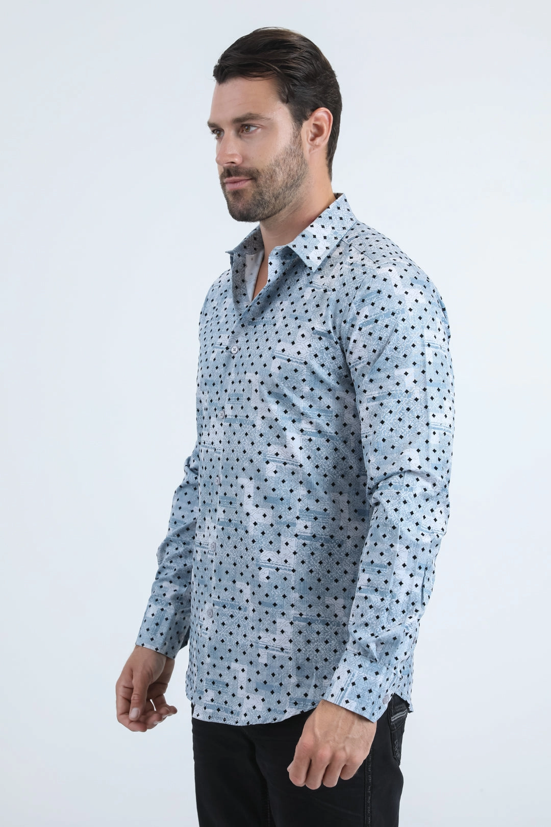 Men's Flocked Modern Fit Spandex Blue Shirt Multipurpose Layering Fabric