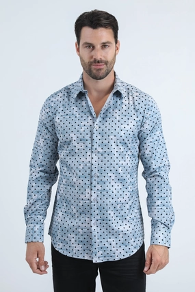 Men's Flocked Modern Fit Spandex Blue Shirt Tailored Silhouette