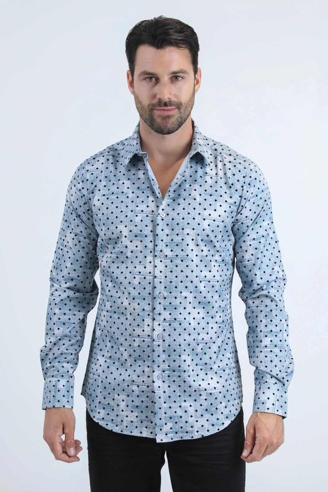 Men's Flocked Modern Fit Spandex Blue Shirt Tailored Silhouette