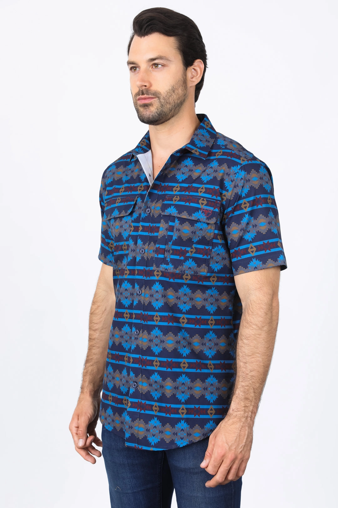 Casual Elegance Mens Performance Classic Fit Western Short Sleeve Aztec Print Navy Shirt