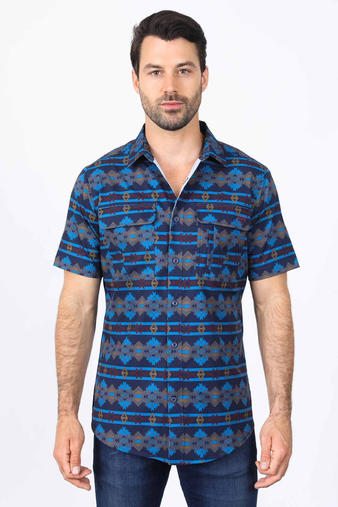 Practical Choice Versatile Layering Mens Performance Classic Fit Western Short Sleeve Aztec Print Navy Shirt