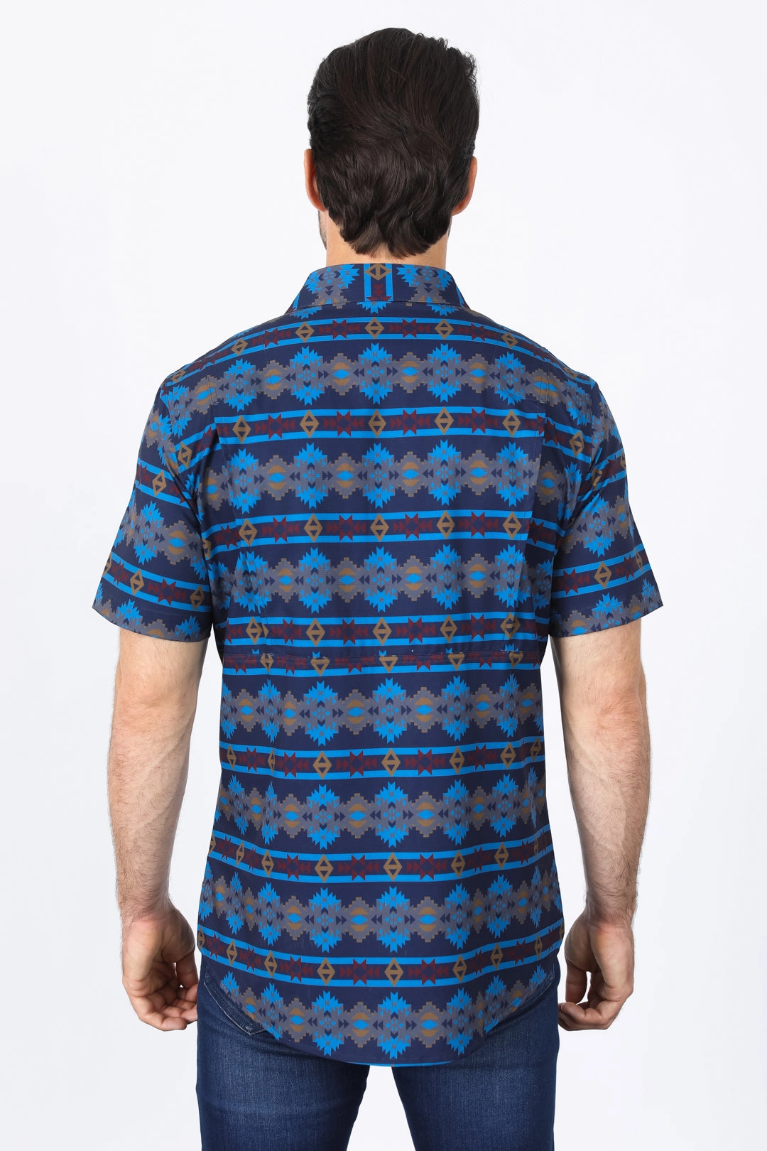 Mens Performance Classic Fit Western Short Sleeve Aztec Print Navy Shirt Easy Care Material