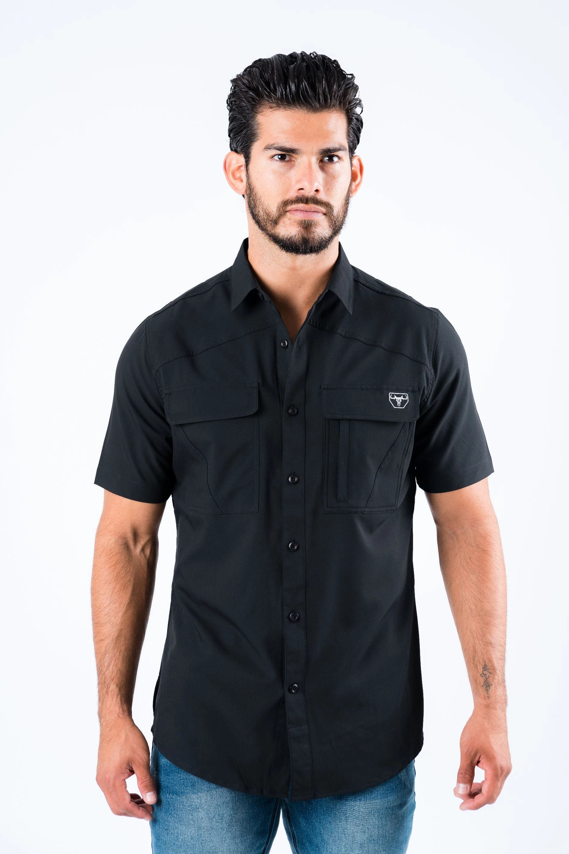 Men's Fishing Black Short Sleeve Shirt Eye-Catching Pattern