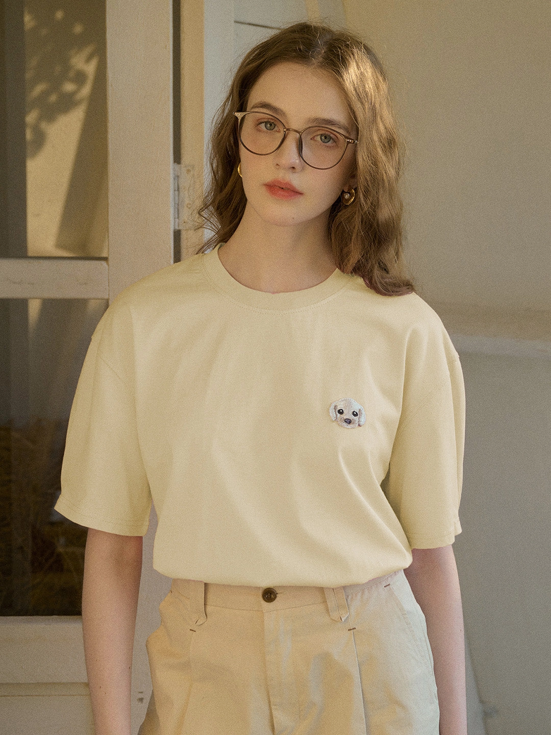 Formal Look ??Final Sale??Journey Puppy Applique Round Neck Short Sleeve Casual T-Shirt - Yellow