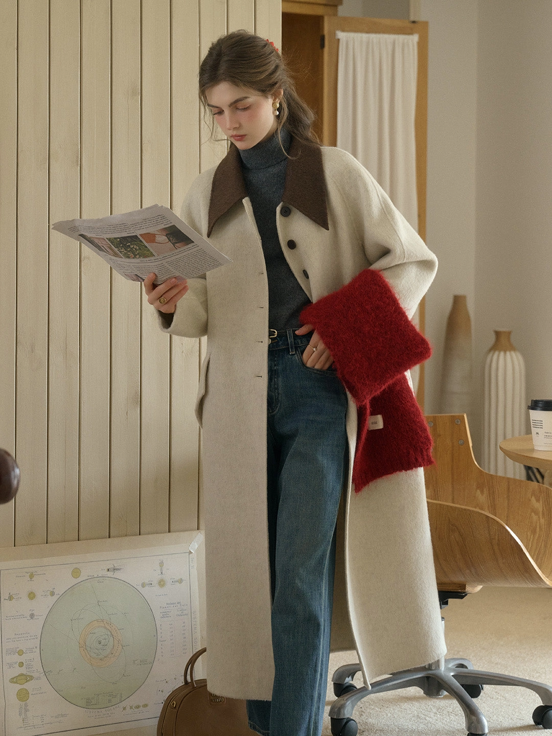 Comfortable Hoodie Hypoallergenic Fibers Waverly Retro Peak Collar Long Pocket Double-Faced Wool Cashmere Coat - Brown