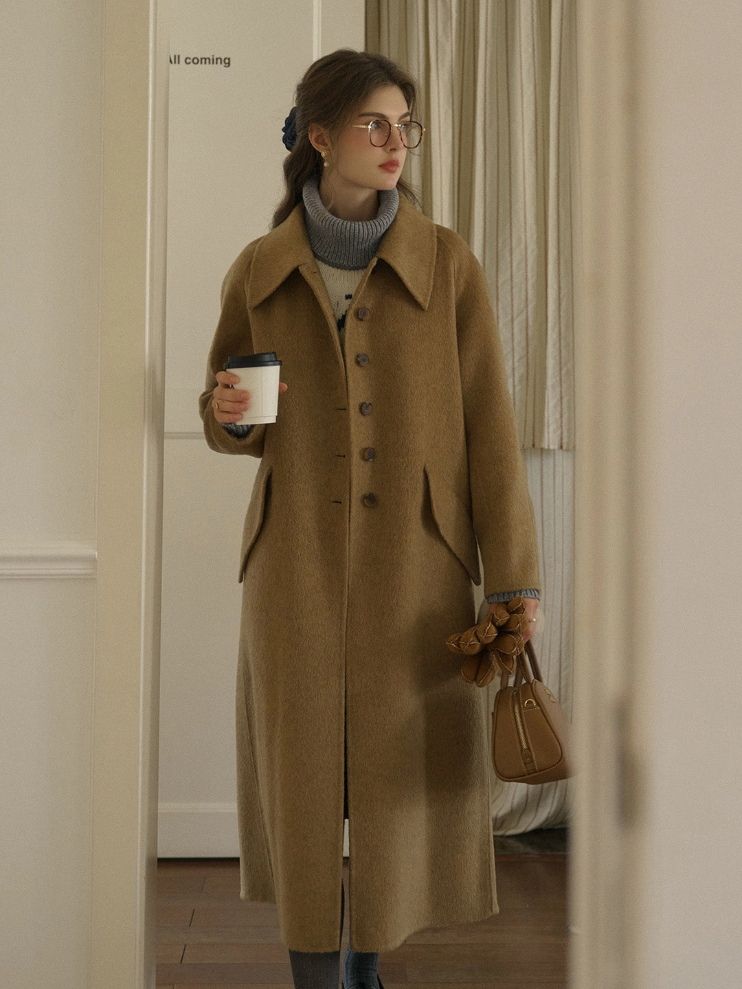 Stretch Fit Waverly Retro Peak Collar Long Pocket Double-Faced Wool Cashmere Coat - Brown