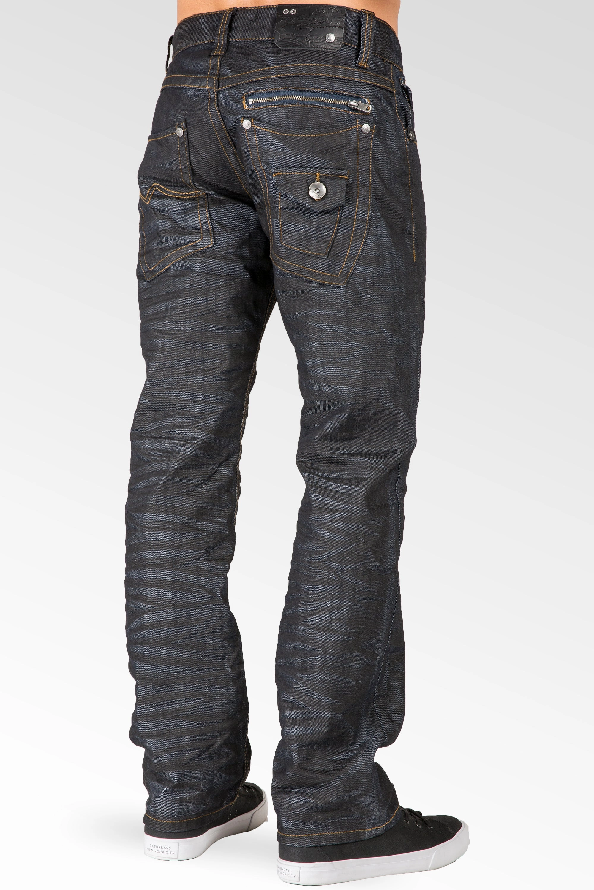 Airtight Zipper Midrise Relaxed Straight Leg Black Whisker Coating Premium Denim Jeans Zip Back pocket