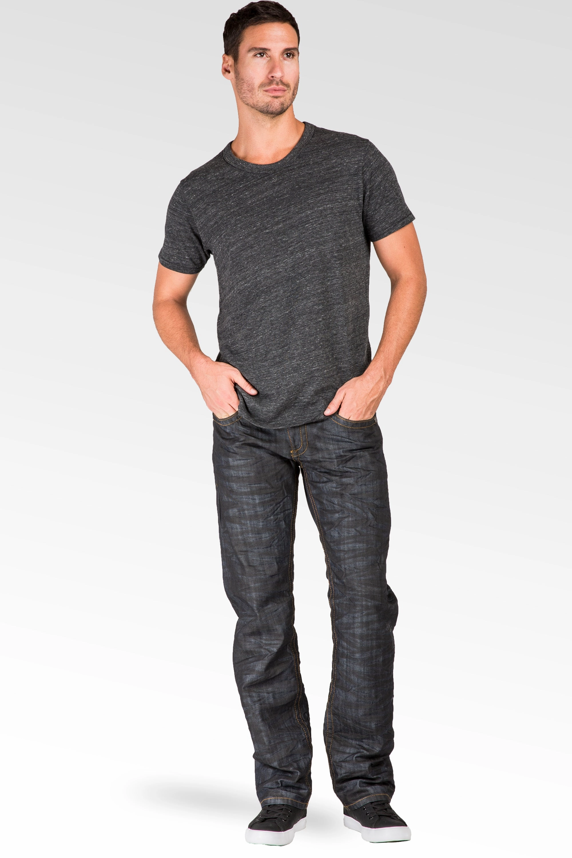 Trendy Jacket Bonded Seam Technology Midrise Relaxed Straight Leg Black Whisker Coating Premium Denim Jeans Zip Back pocket