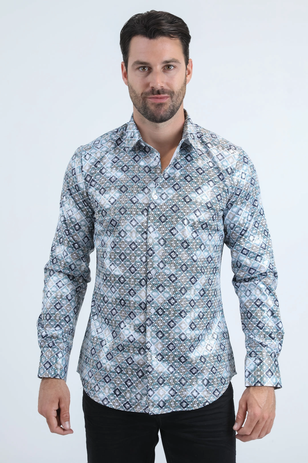 Earthy Hue Active Layering Mens Modern Fit Stretch Foil Fashion White Shirt